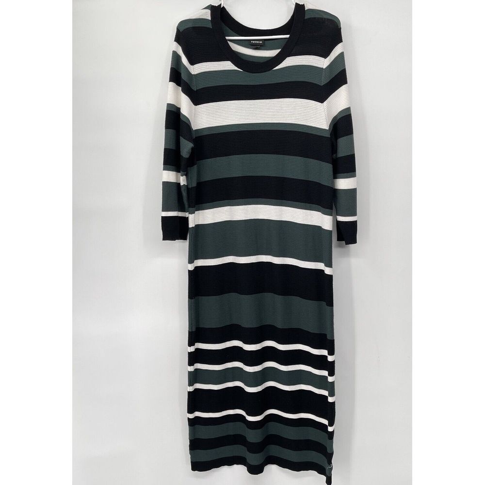 Torrid 1 Sweater Dress Womens‎ Black Green White Striped Ribbed Knit 3/4 Sleeve
